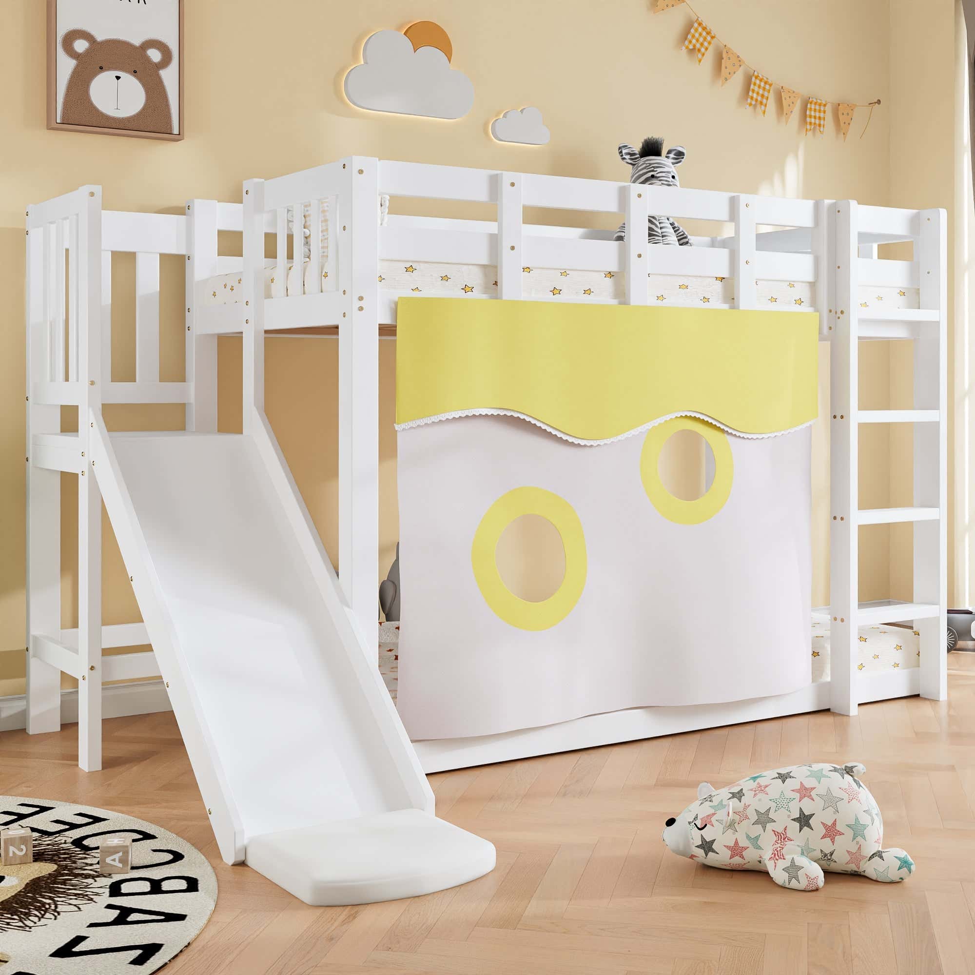 Bunk Bed 90x200cm with Stairs Slide and Curtain - White MDF/Pine
