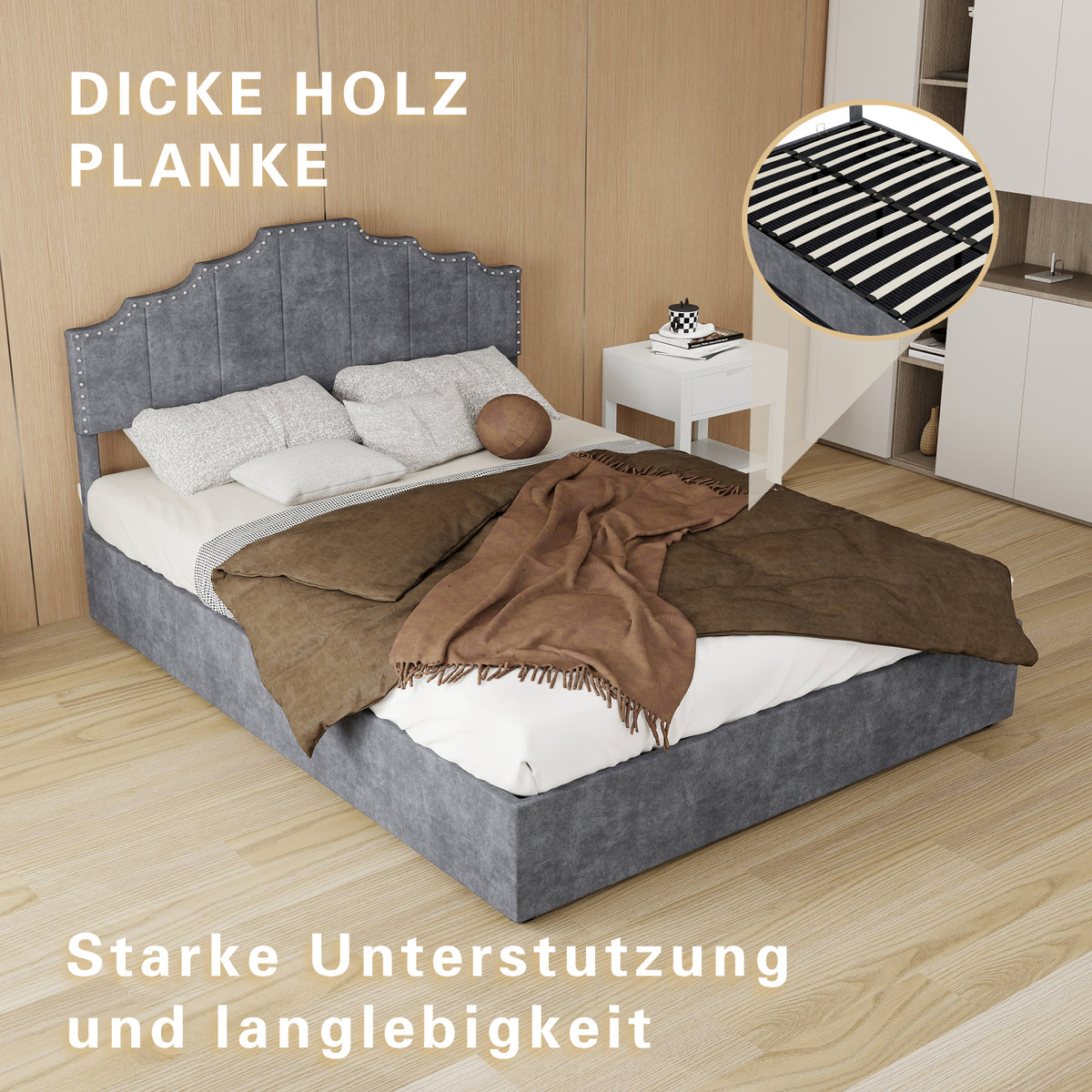 Modern Soft Bed with Mattress 140x200cm, Pneumatic Storage, Grey