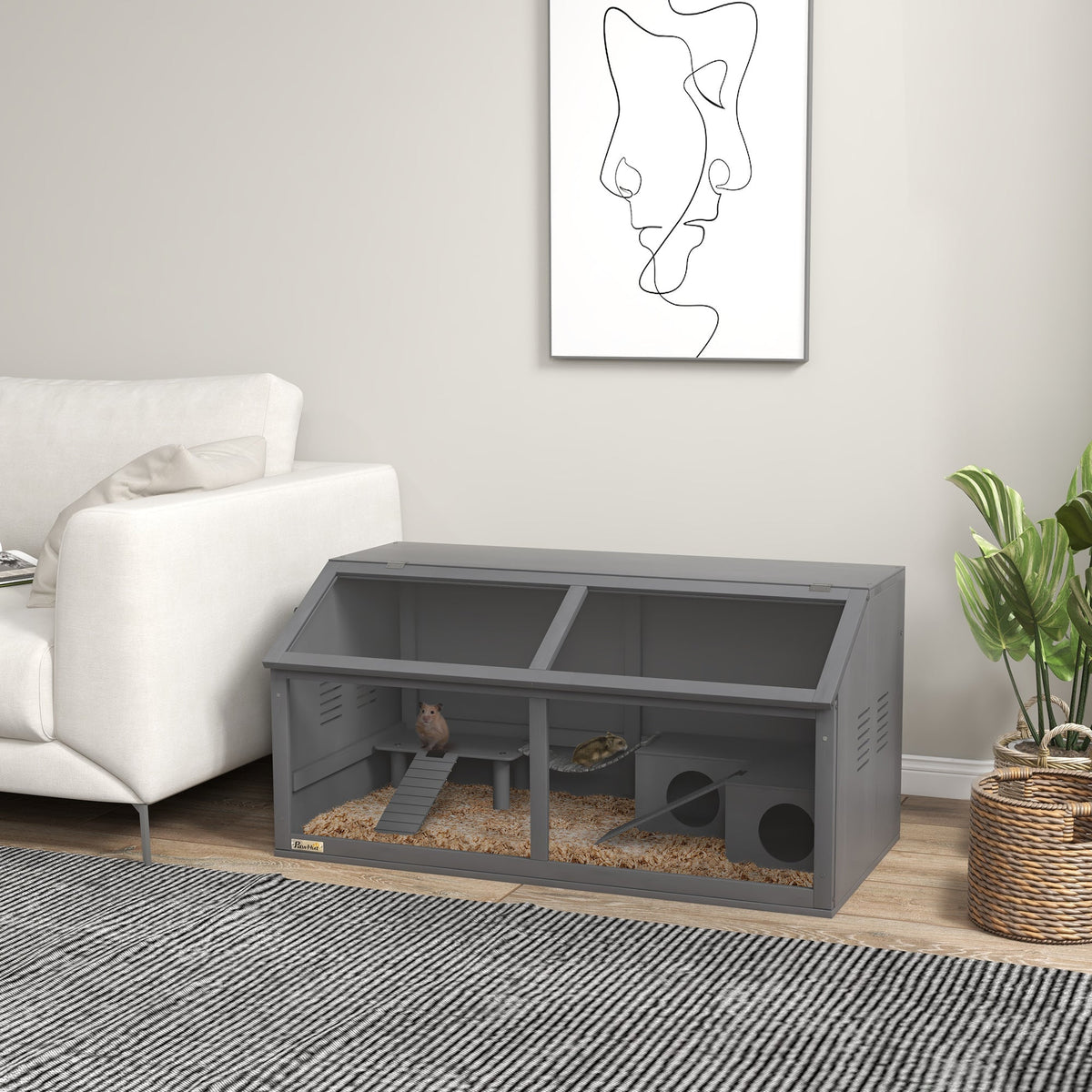 Hamster Cage, 100cm Rodent House with Playhouse & Ladders, Wooden Dark Grey