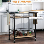 Serving Trolley, 2 Levels with Handle, Casters, Brakes, Wood