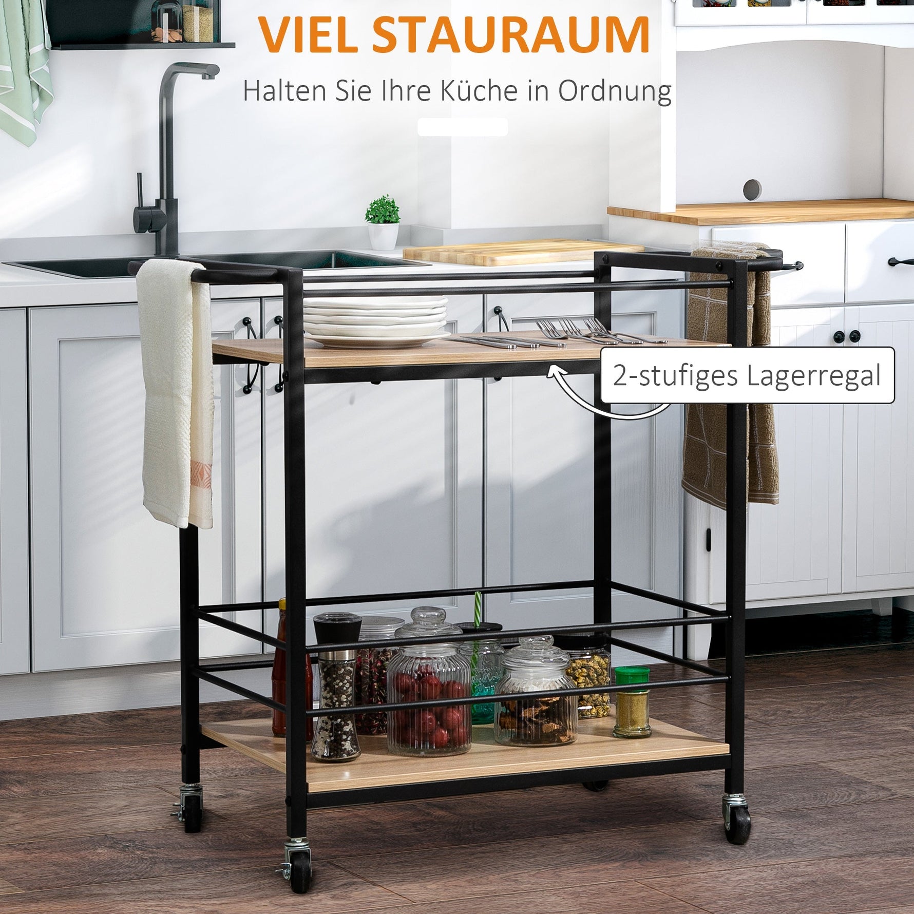 Serving Trolley, 2 Levels with Handle, Casters, Brakes, Wood