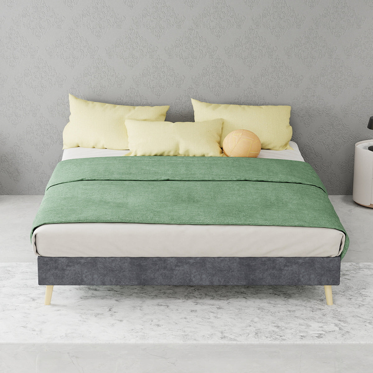 Modern Minimalist Bed Frame, 140x200cm with Mattress, Gray Velvet