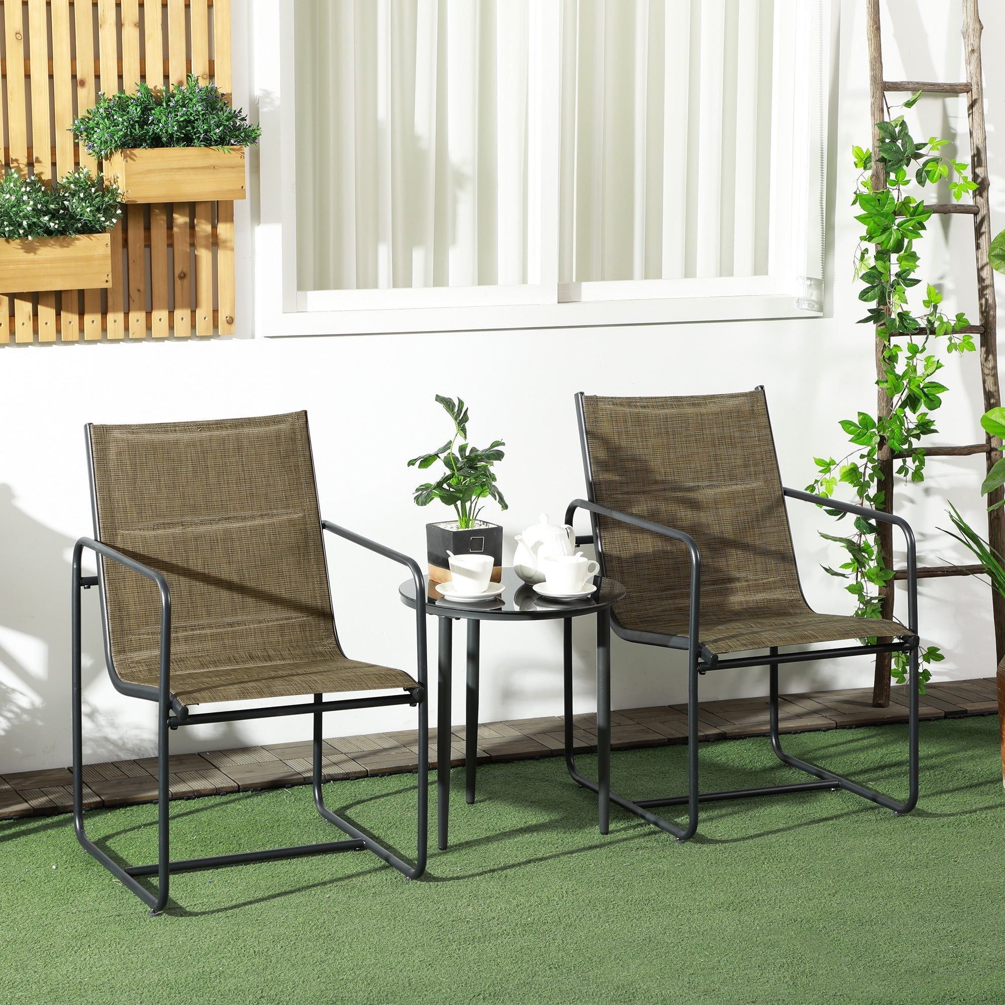 Balcony Chairs, Set of 2, Armrests, Breathable, Metal, Brown