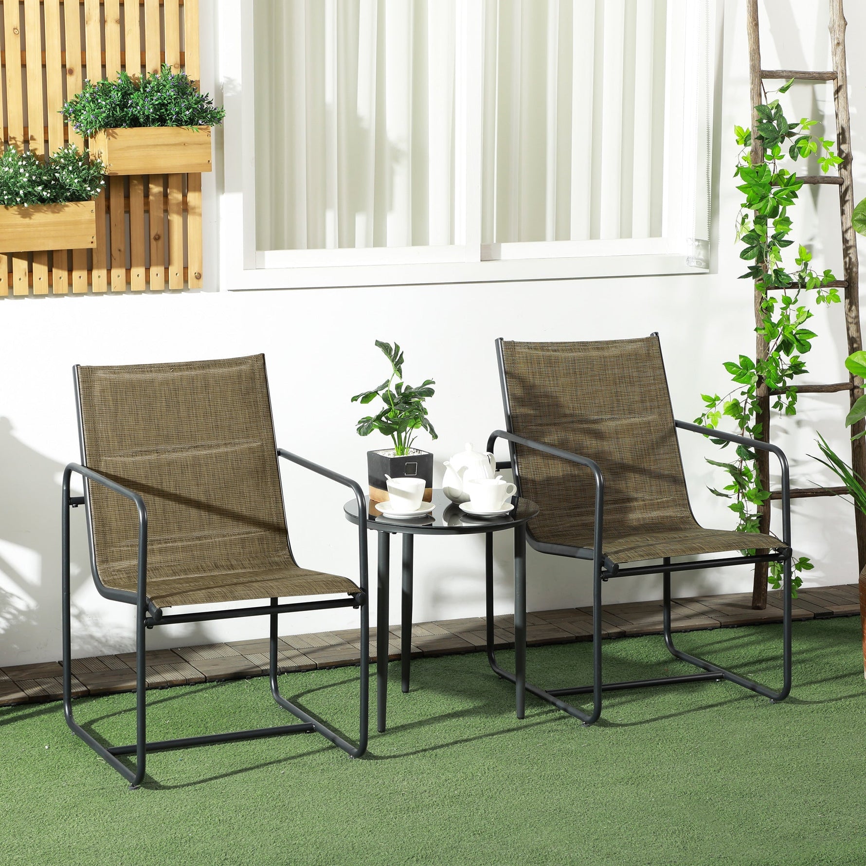 Balcony Chairs, Set of 2, Armrests, Breathable, Metal, Brown