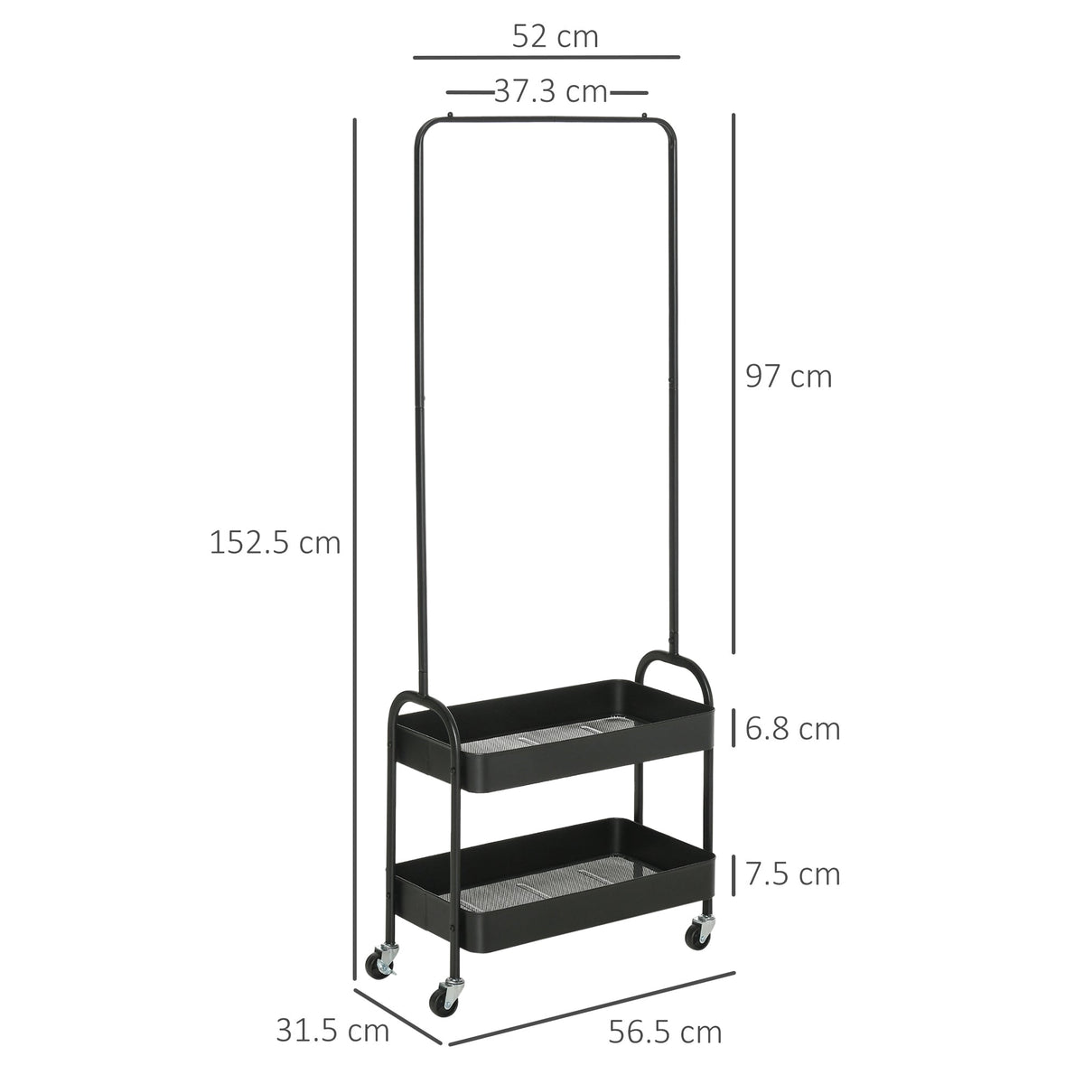 Clothes Rack, Wheels, Coat Rail, Shoe Rack, 16 kg Load Capacity, Black