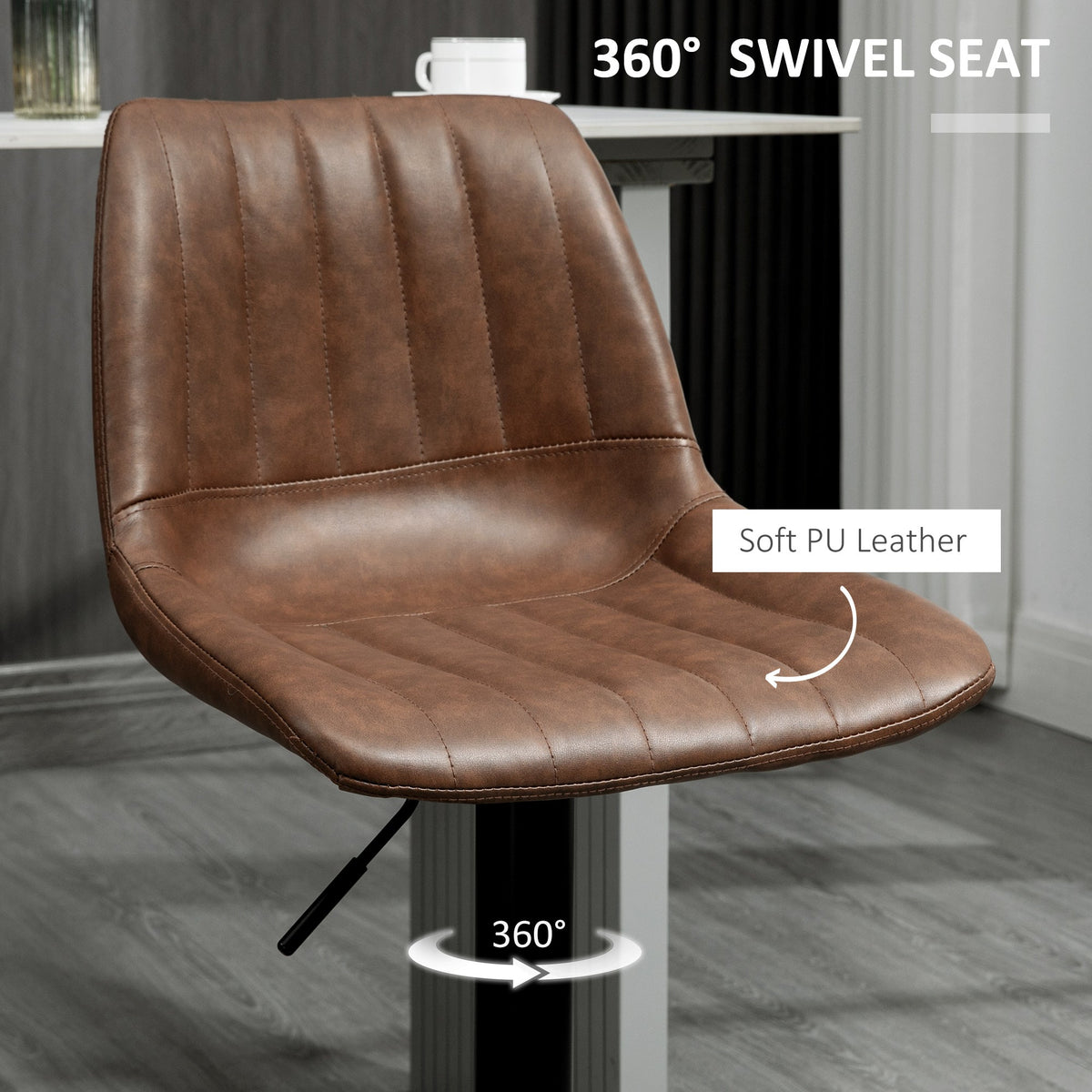 Bar Stools Set of 2, Height-Adjustable Foot Ring, Faux Leather Brown/Steel