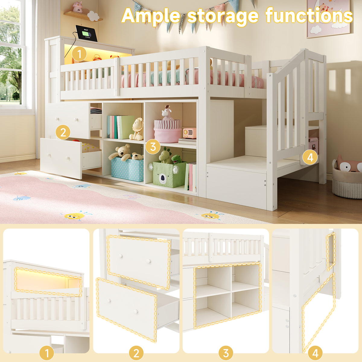 Mid-Height Bed 90x200 cm with Drawers, Storage & LED Lighting, White