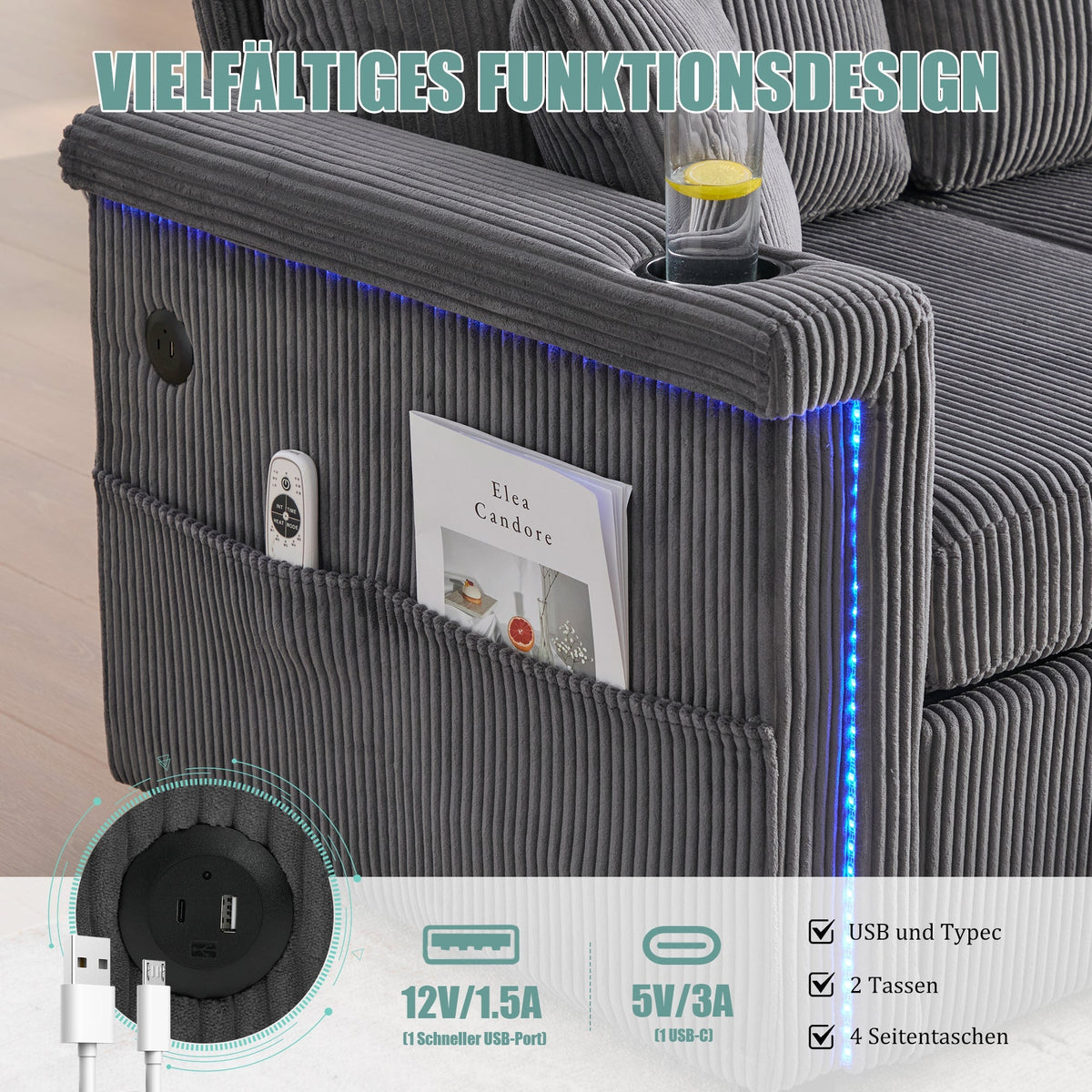 Velvet Sofa LED USB-C Storage Footrest Cup Holders, Dark Grey
