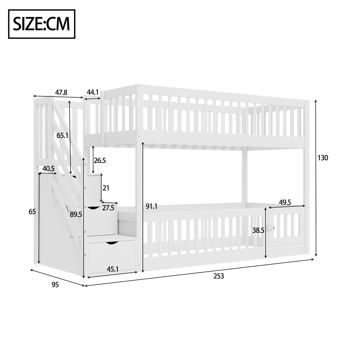 Bunk Bed 90x200 with Safety Stairs & Drawers, White Wood