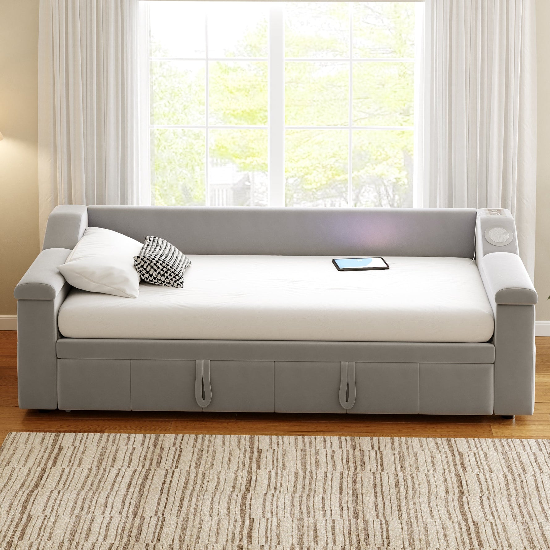 Sofa Bed, Bluetooth Stereo, Storage, Slatted Frame, Light Grey Velvet