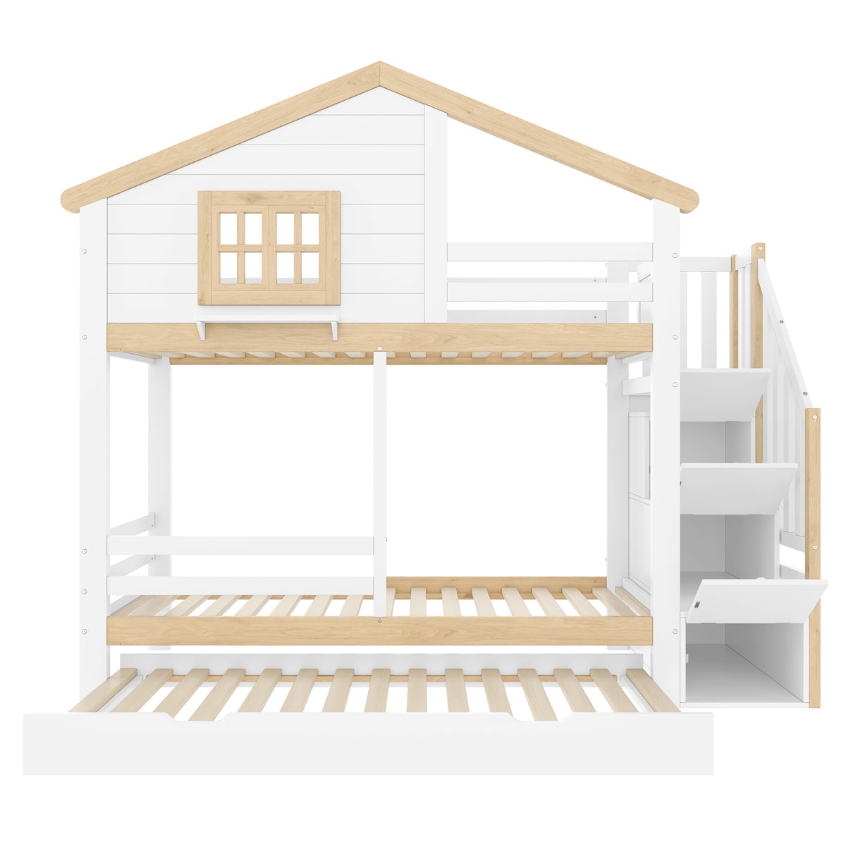 Bunk Bed 90x200cm with Trundle & Storage Ladder, White + Natural