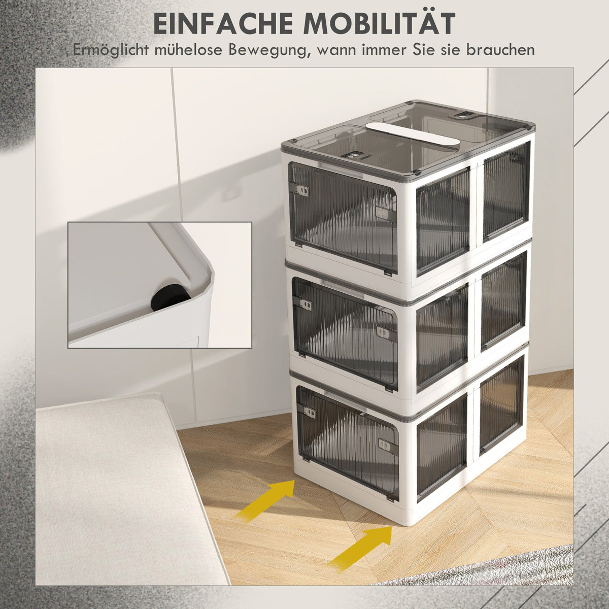Storage Box 69L Stackable Foldable Wheels 5-Sided Access, White