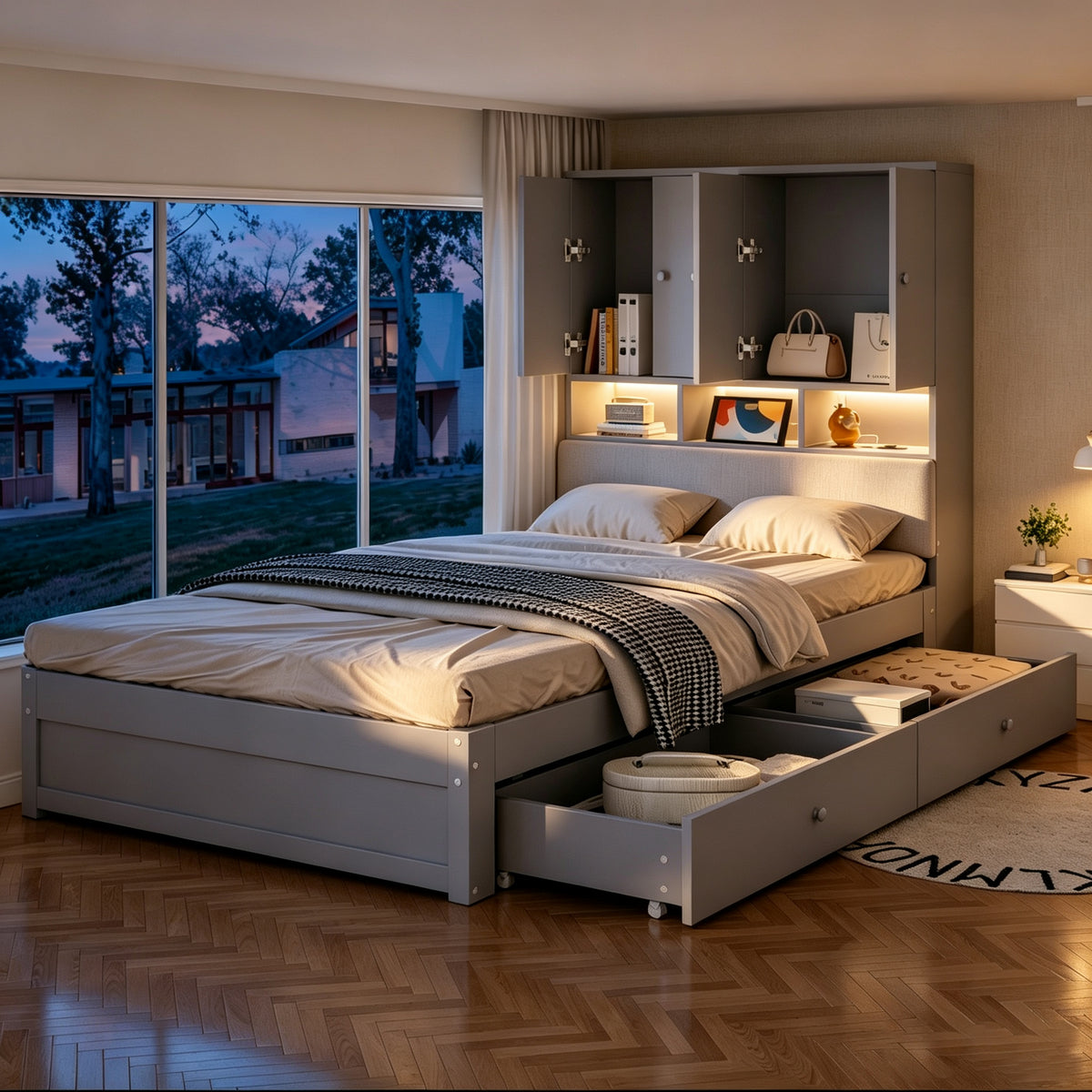 Multifunctional Wooden Bed 90x200cm, LED Storage Headboard, Grey