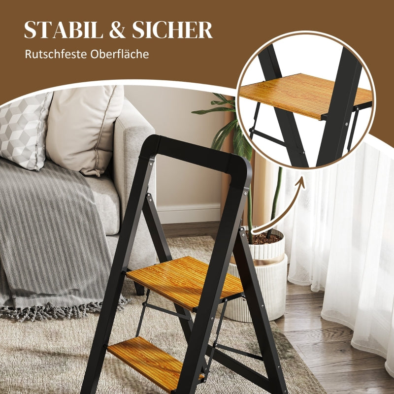Folding Stepladder 2-Step, Handle, Non-Slip, 150 kg, Aluminium Black