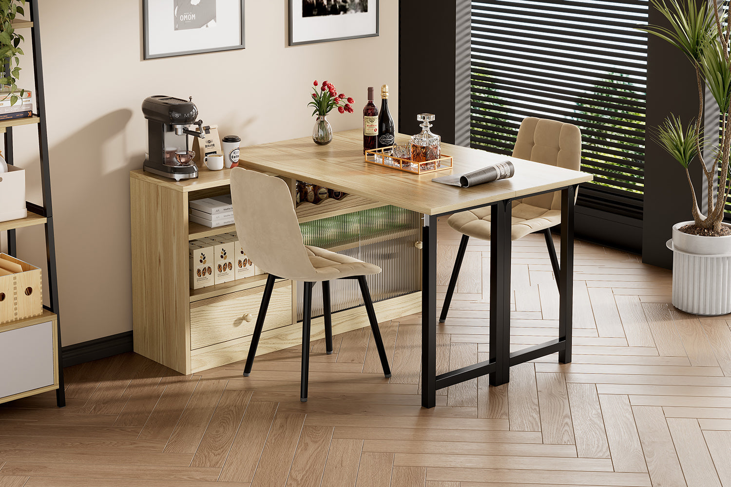 Extendable Folding Dining Table with Storage & 360° Rotation - Natural/Black