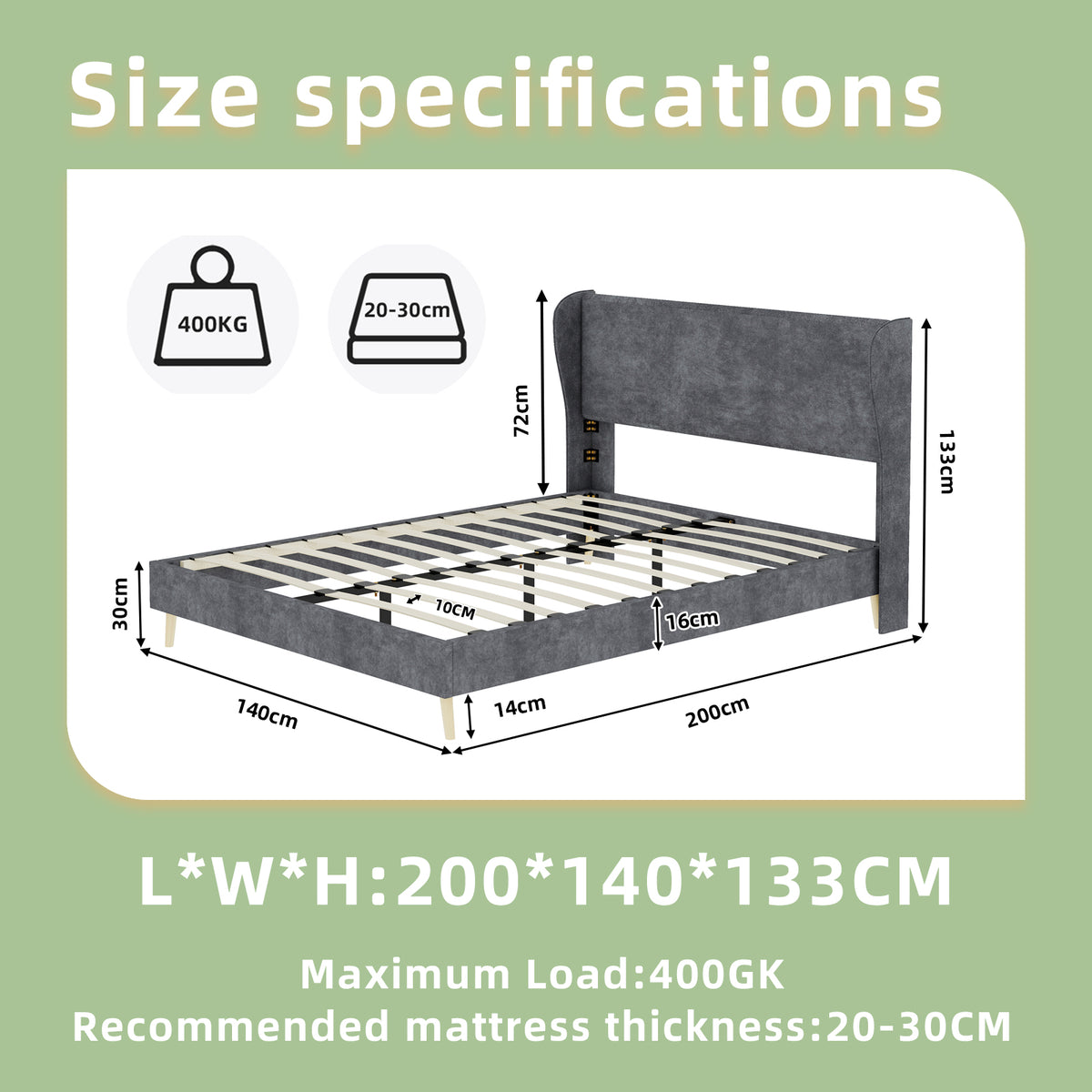 Modern Upholstered Bed with Mattress, 140x200 cm - Grey