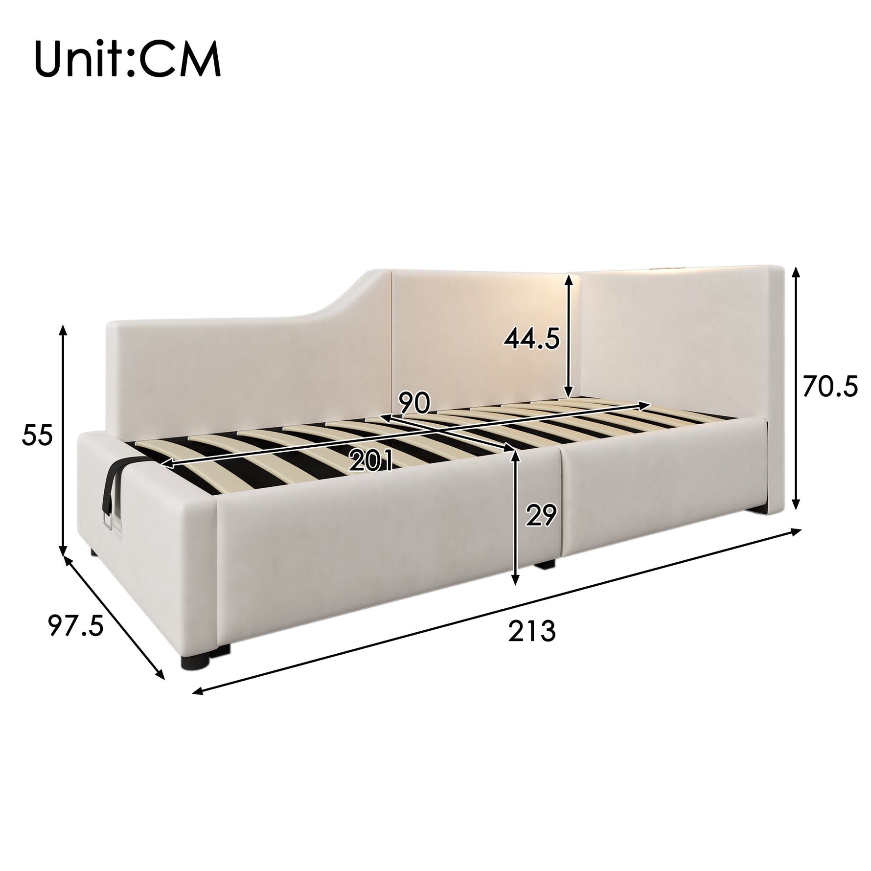 Daybed, 90x200cm Sofa with Hydraulic Storage, Reading Light & USB-C, Velvet Beige