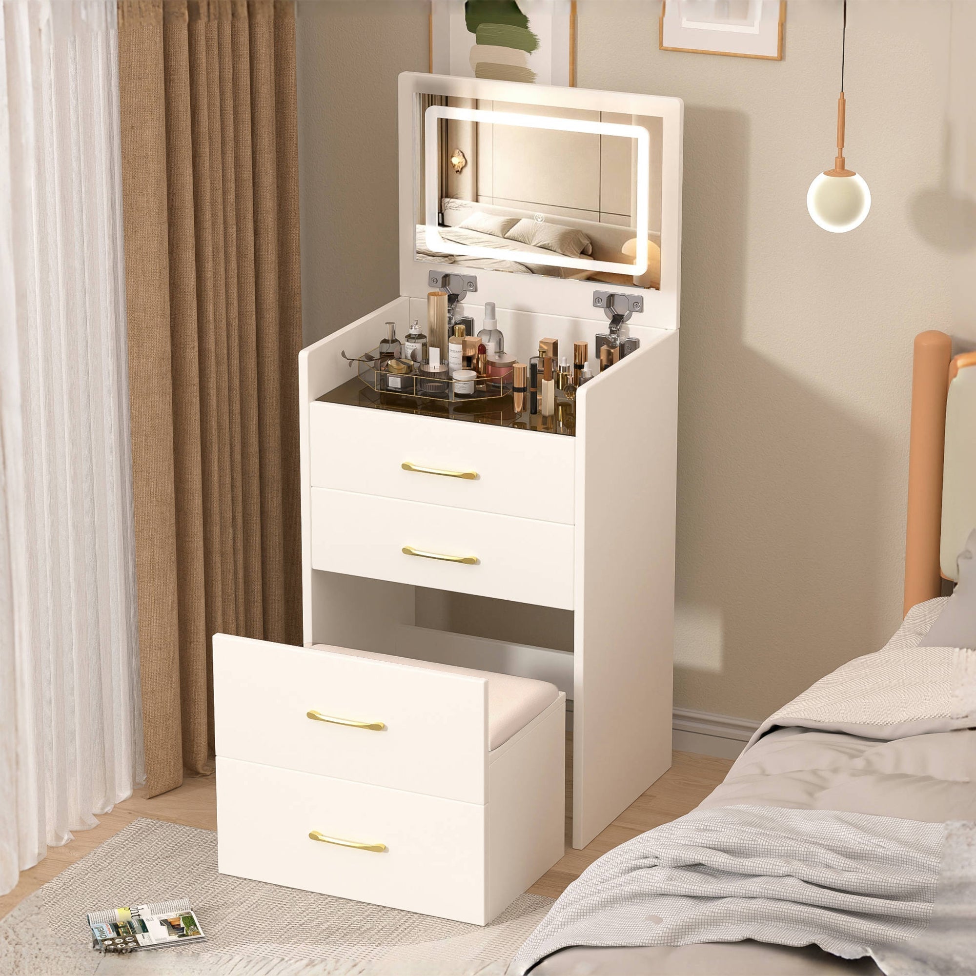 3-in-1 Dressing Table Set, Open Mirror 3 Drawers Compact W60cm, Clear Glass Top