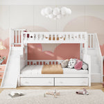 Children's Bed Bunk with Slide, Shelf, Drawers, White