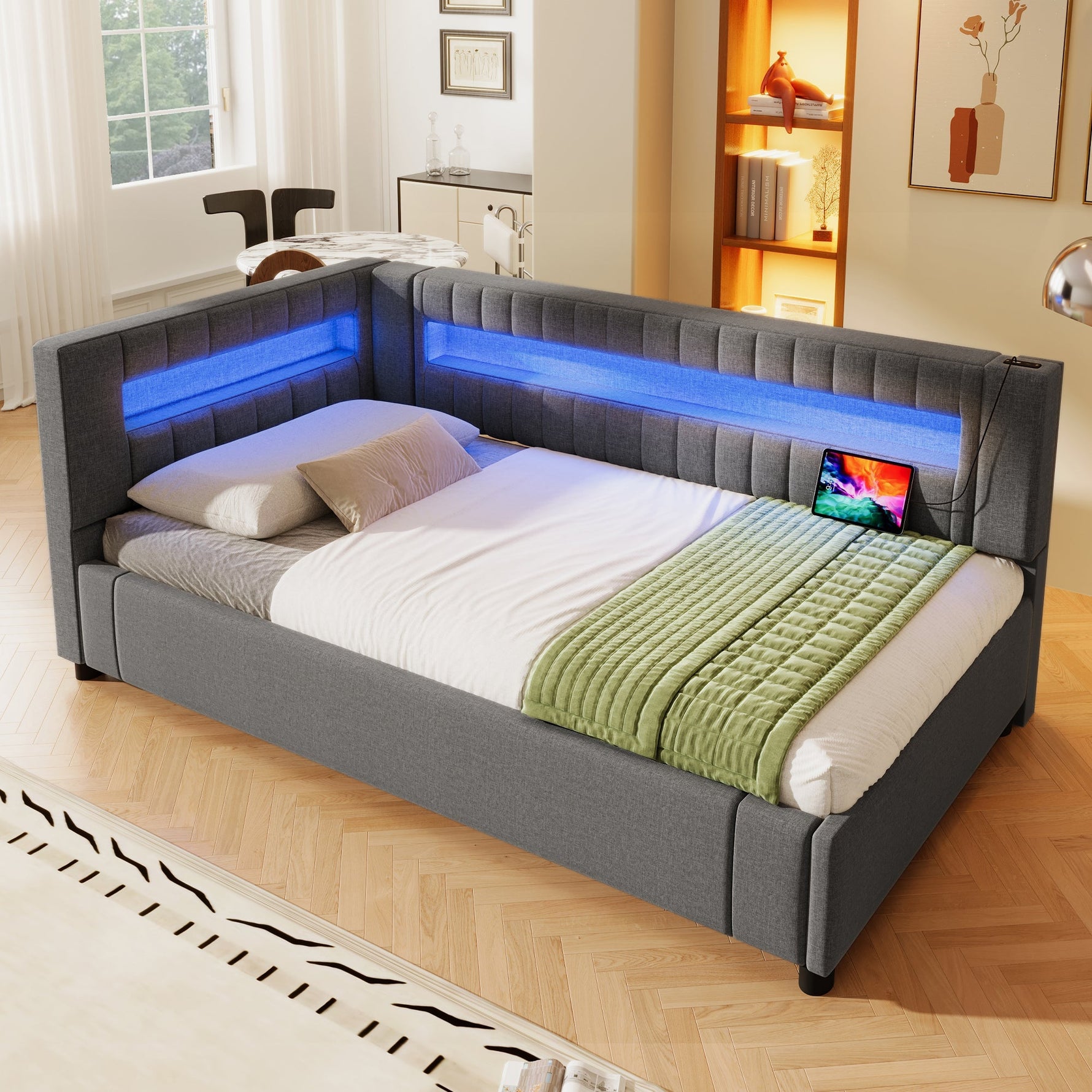 Daybed Sofa Bed with LED Lighting, Hydraulic Storage and USB Charging, Grey Linen