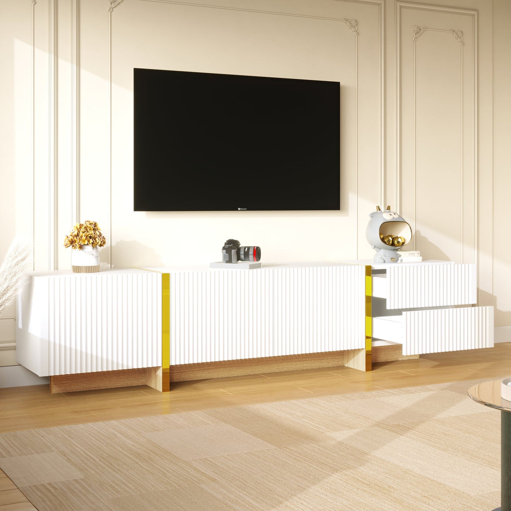 TV Cabinet, 190cm 3 Doors 2 Drawers, White with Gold & Wood Grain