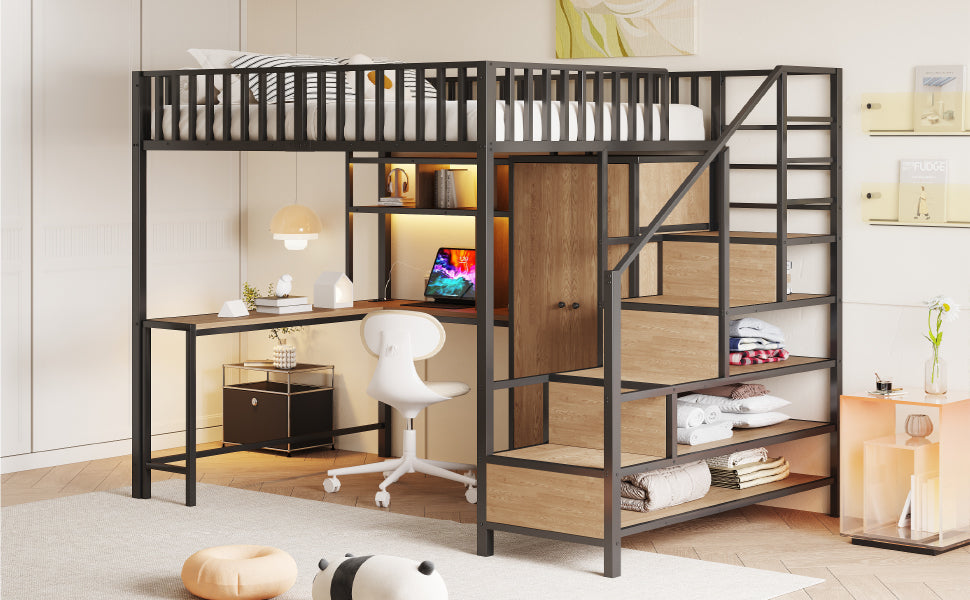 Metal Loft Bed 140x200cm Desk Wardrobe Drawers Storage Ladder LED Charging Black