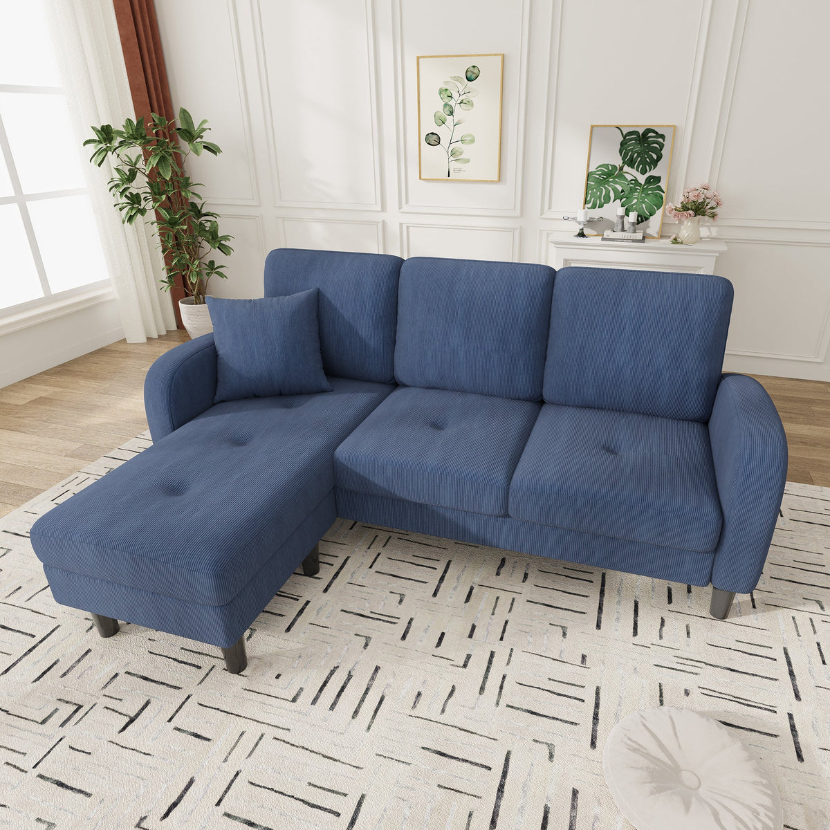 L-shaped Corner Sofa with Chaise Longue, 3-Seater Modular Design, Corduroy Fabric