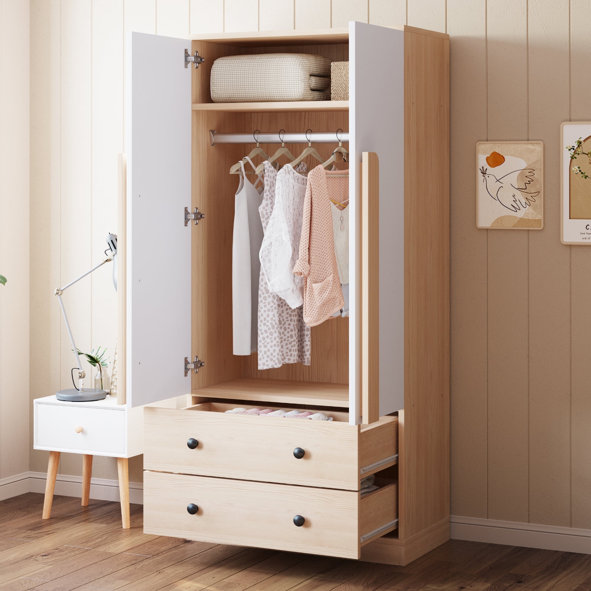 Wardrobe 70x40x170cm Double Door Design Drawers Storage, Wood Color/White