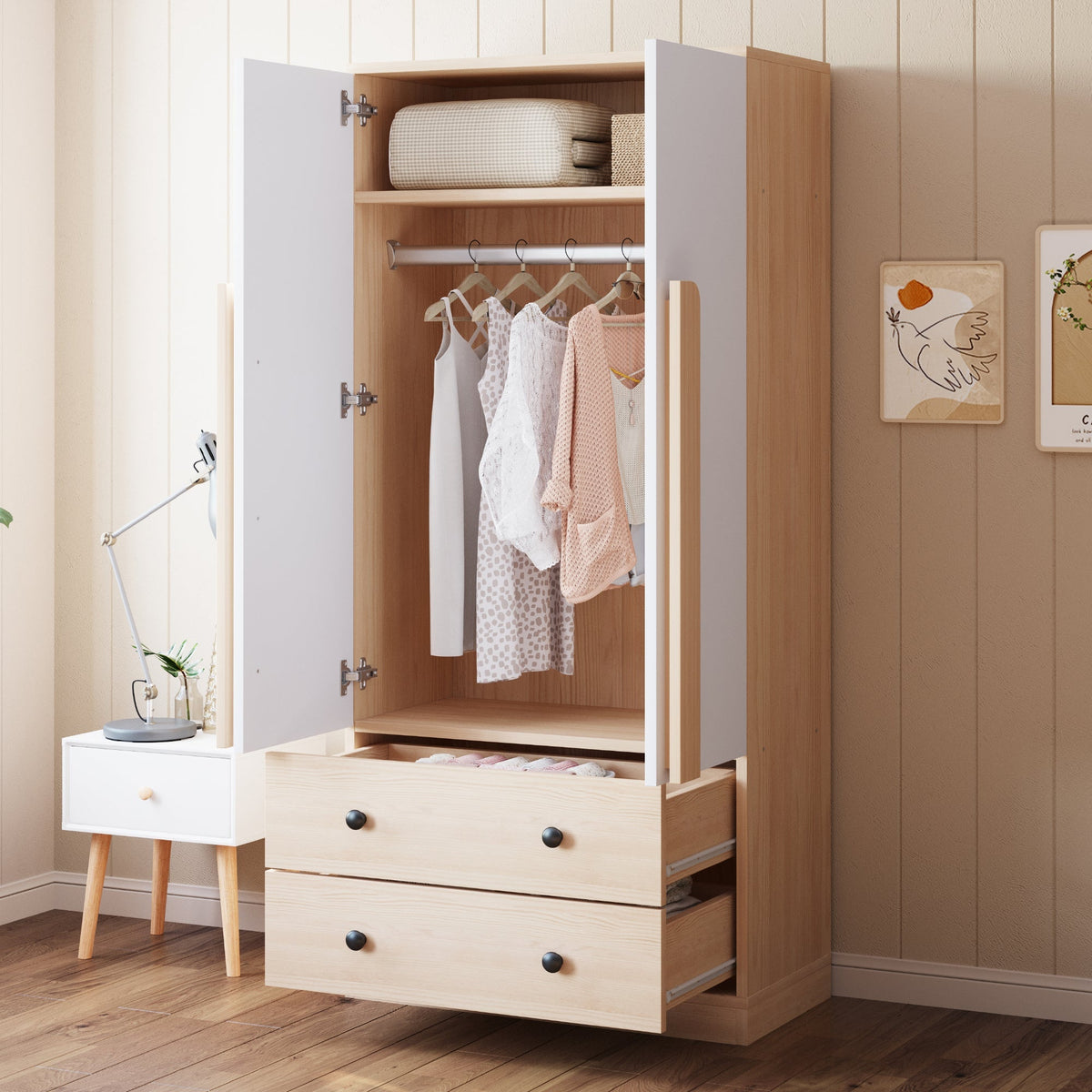 Wardrobe 70x40x170cm Double Door Design Drawers Storage, Wood Color/White
