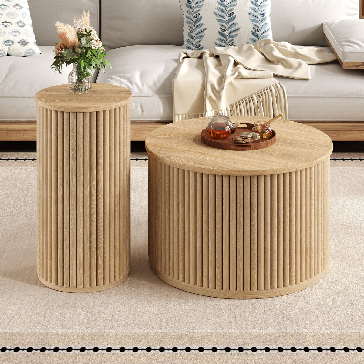 Coffee Table Double Round Slatted - Natural Wood