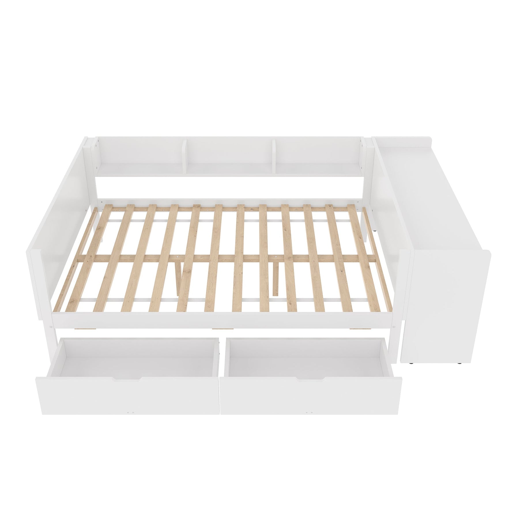 Wooden Bed with Desk and Storage Drawers, 140x200cm, Pine and White