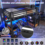 Loft Bed with Desk, Storage Staircase and LED Lights, Black Iron Frame
