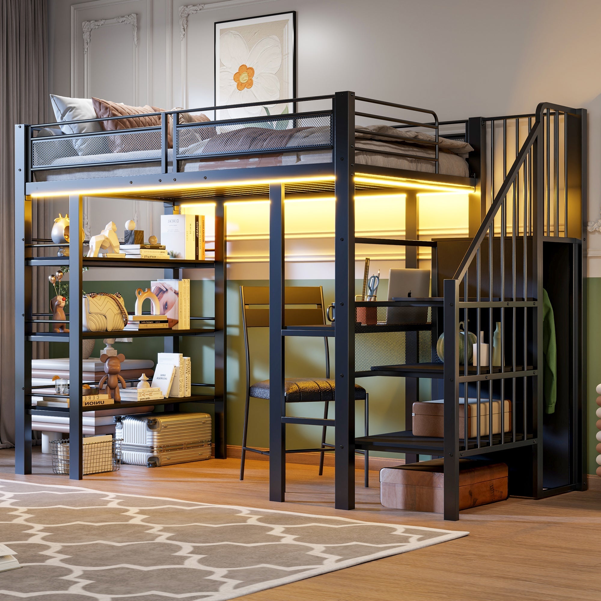 Loft Bed 90x200 LED Light Socket Storage Bookshelf - Black