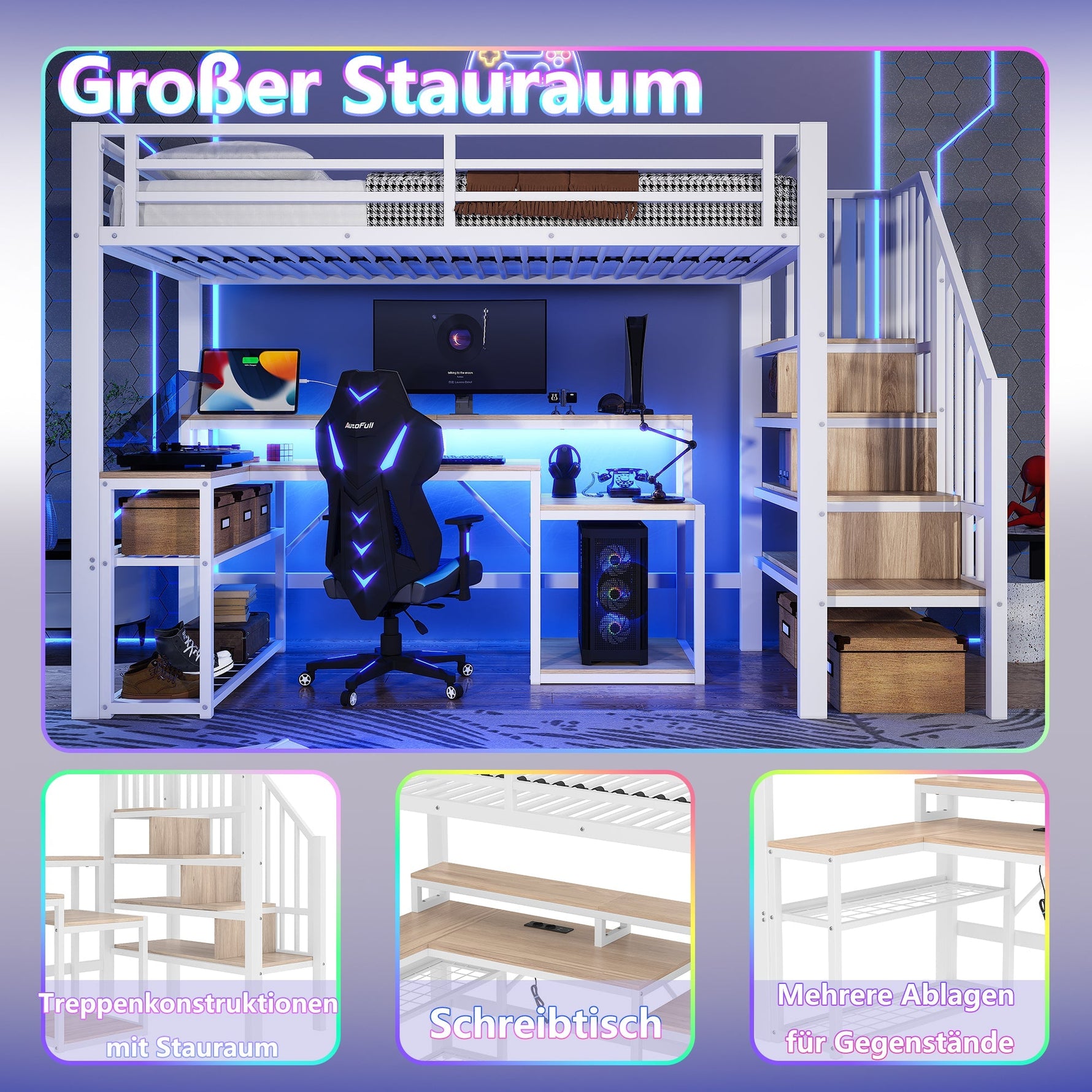 Loft Bed with Desk, LED Light Strip and Storage Staircase, 90 x 200 cm, White Iron Frame