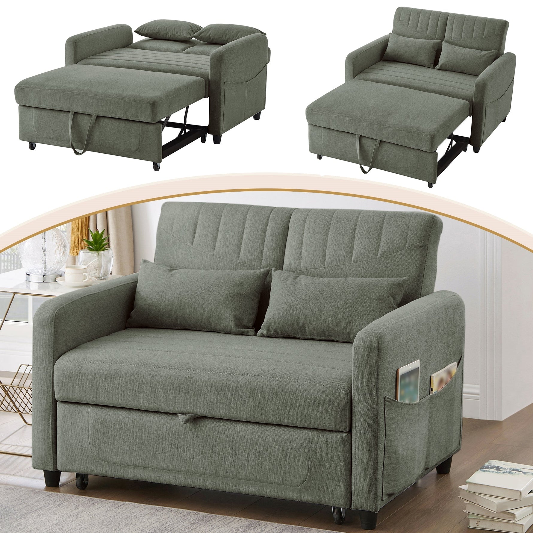 Sofa Bed Two-seater Extendable 3-Position Adjustable Backrest - Cotton-Linen Fabric