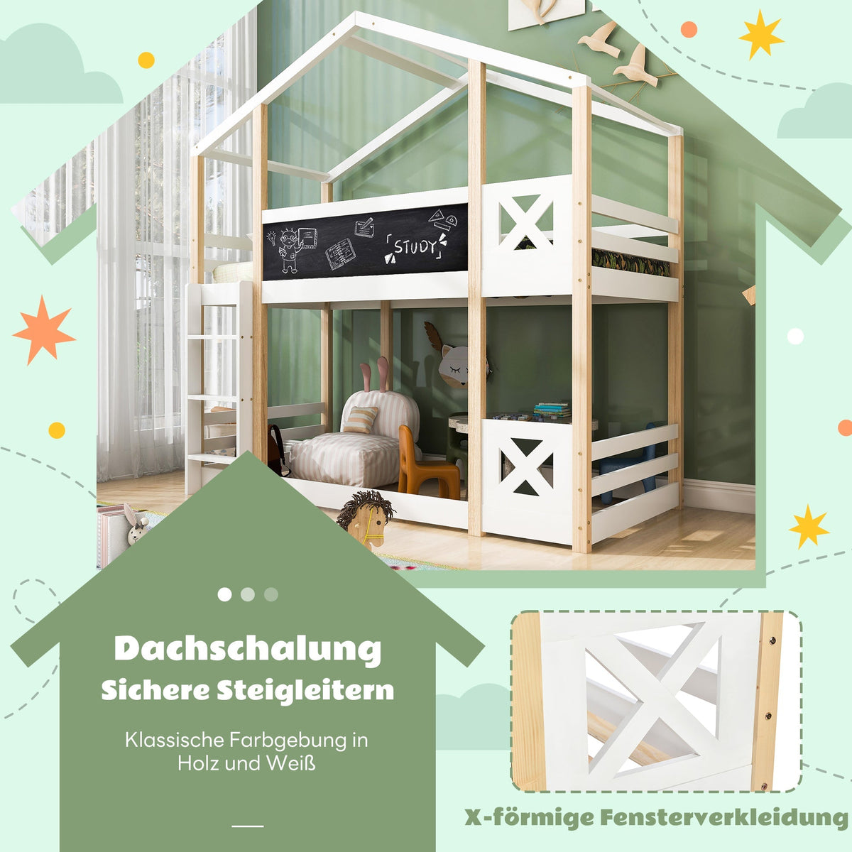 Children's Tree House Bed, Loft Bed with Ladder & Slatted Frames, 90x200 cm, Natural & White