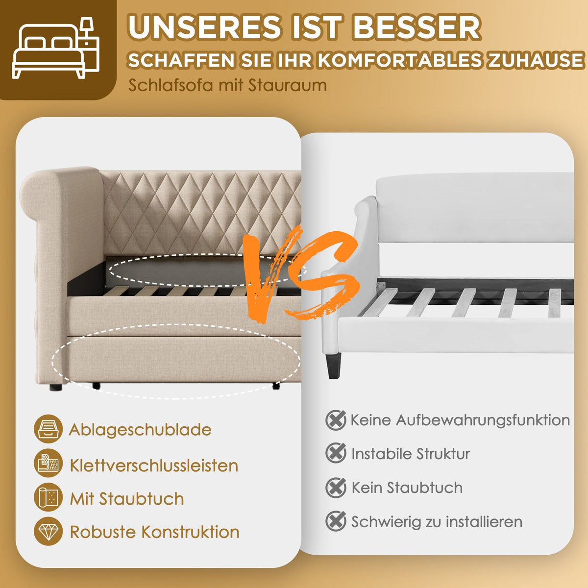 Vintage Upholstered Sofa Bed, 90x200 cm, 2 Storage Drawers, Linen Beige