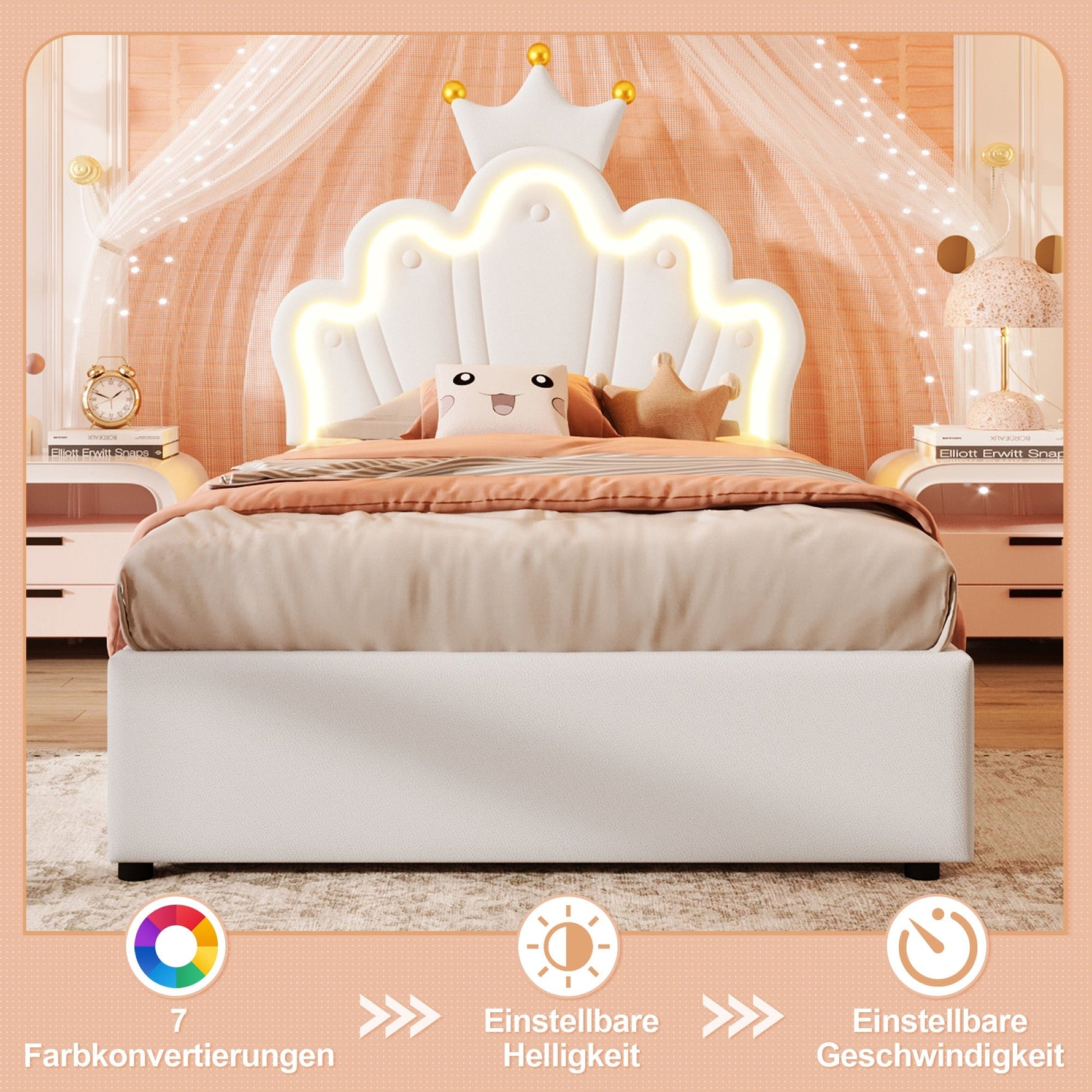 Upholstered Bed 90x200cm Hydraulic Storage LED Crown Adjustable Headboard - PU White