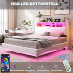 Suspended Design Upholstered Bed 140*200, Multifunctional Storage with LED, USB & Type-C, Linen Fabric Beige