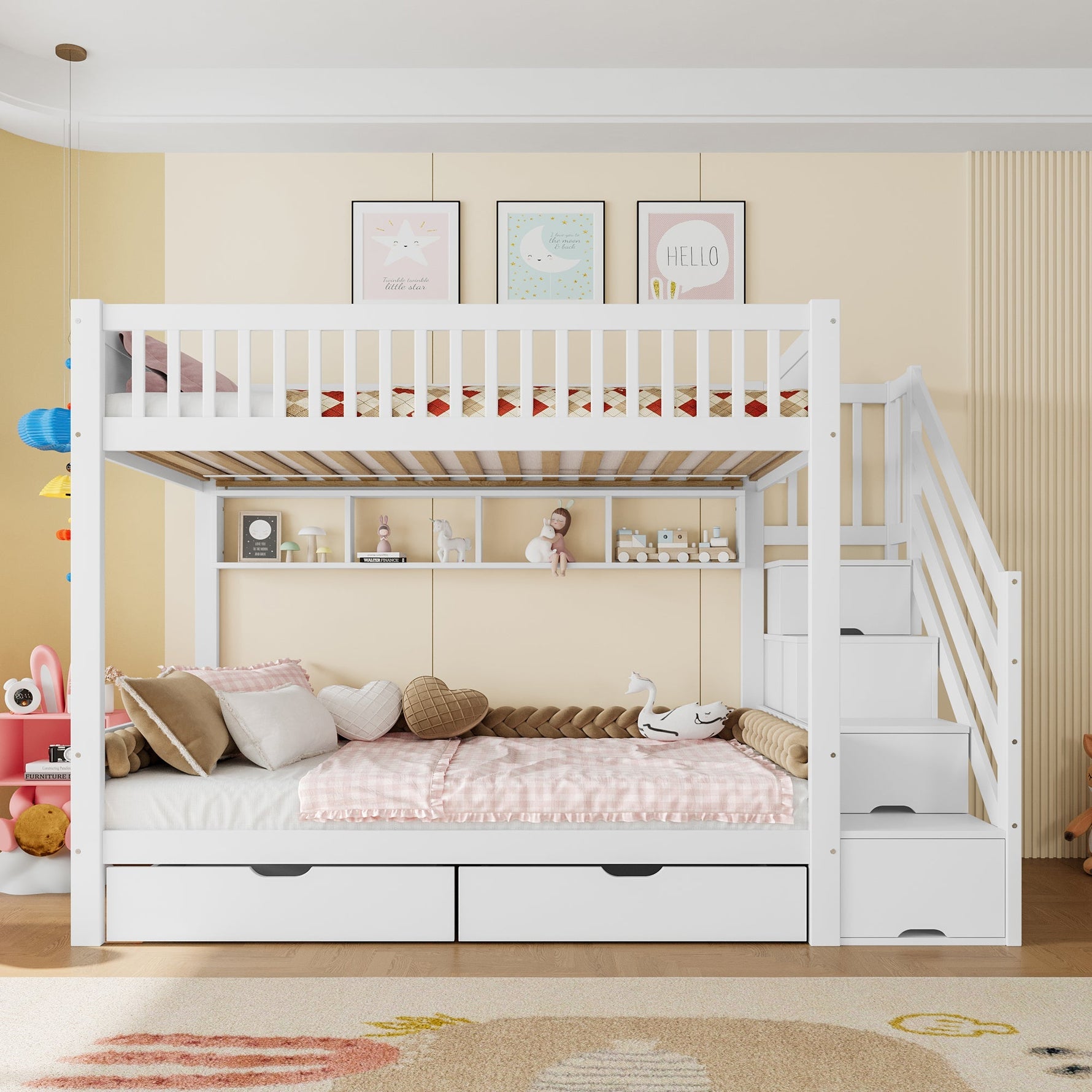 Bunk Bed 90x200cm Drawer Shelf Wardrobe Storage - White