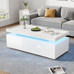 Coffee Table LED High-Gloss with 2 Drawers Geometric Design White