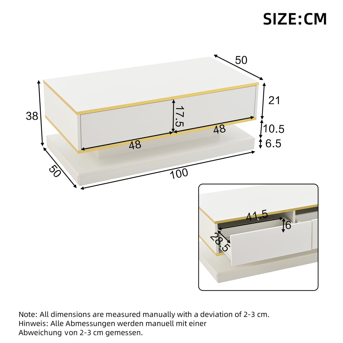 Coffee Table 100x50x38cm High Gloss with 2 Drawers, Warm White and Gold Edge