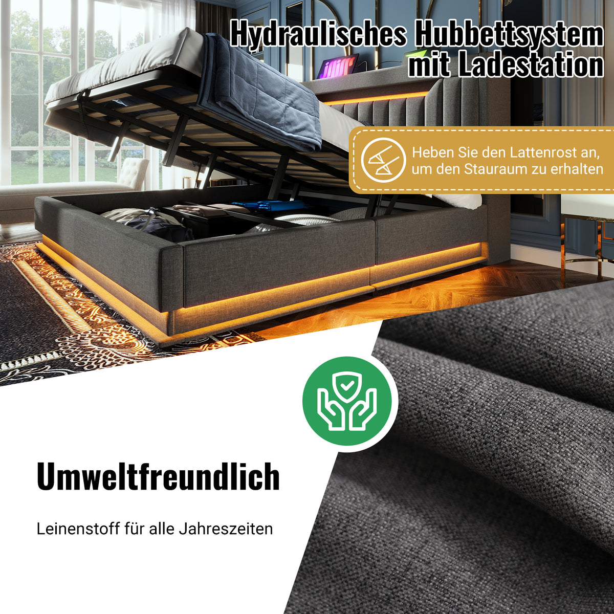 Upholstered Double Bed 180x200 with Storage & LED, Grey Linen