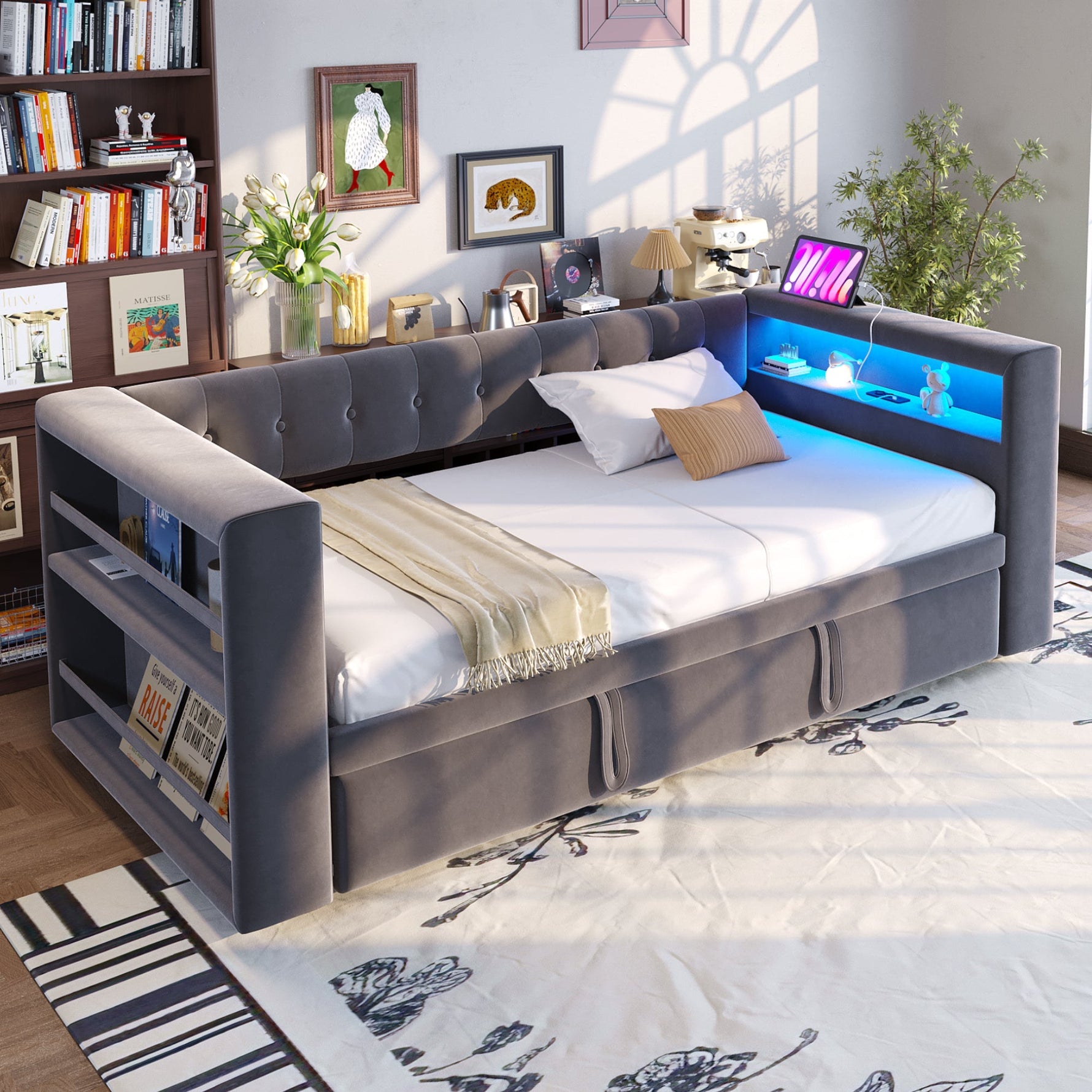 Upholstered Bed 90/180x190cm, LED Lighting, Sockets, Storage, Dark Grey