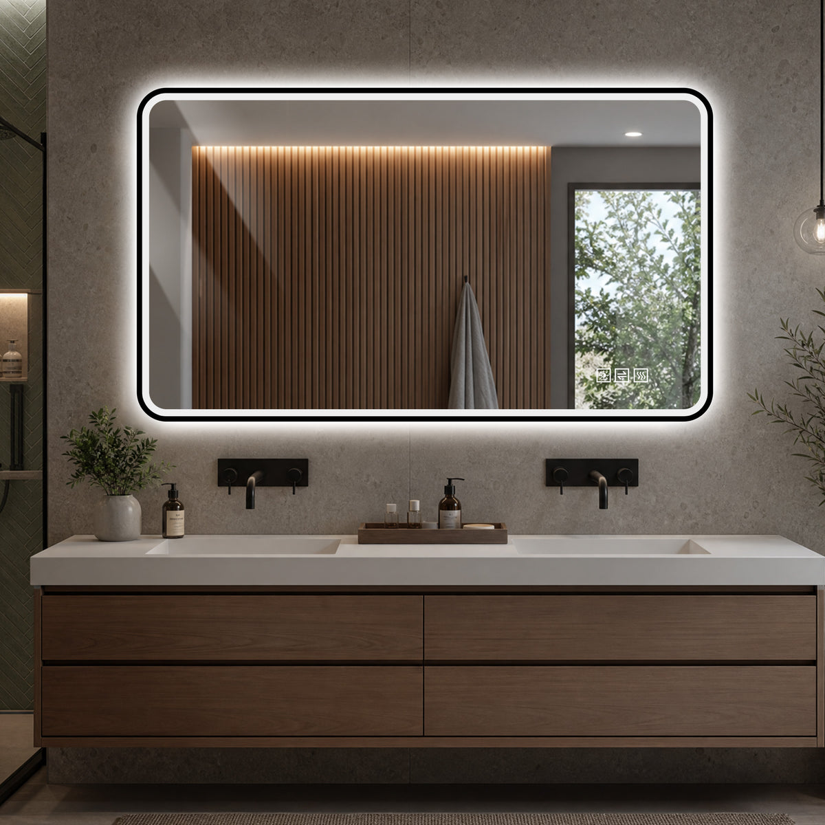 LED Bathroom Mirror 70x90 cm Dimmable Anti-Fog, Black Aluminum