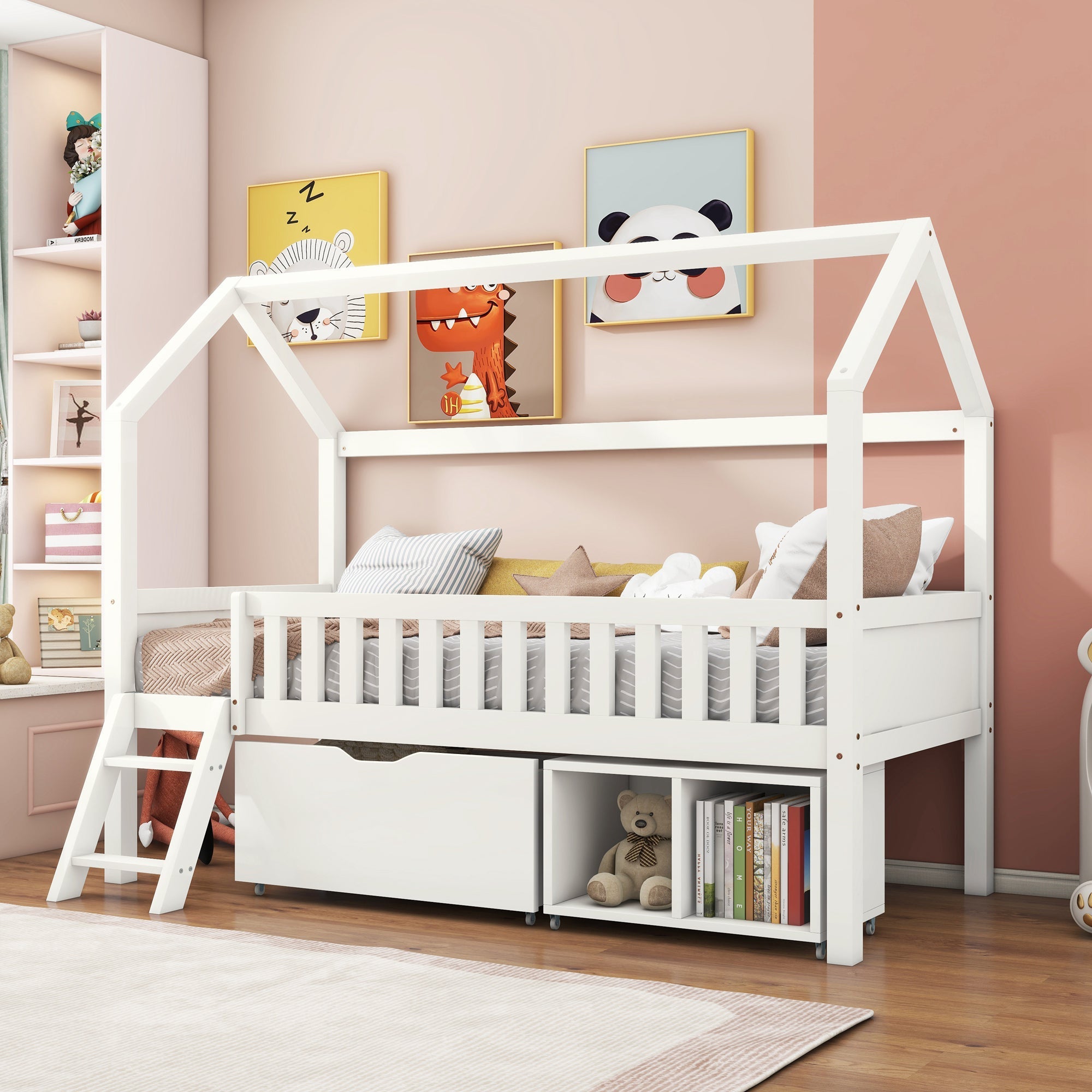 House Bed for Children and Youth 200x90 with Drawers, Storage and Anti-Drop Railing, White Pine