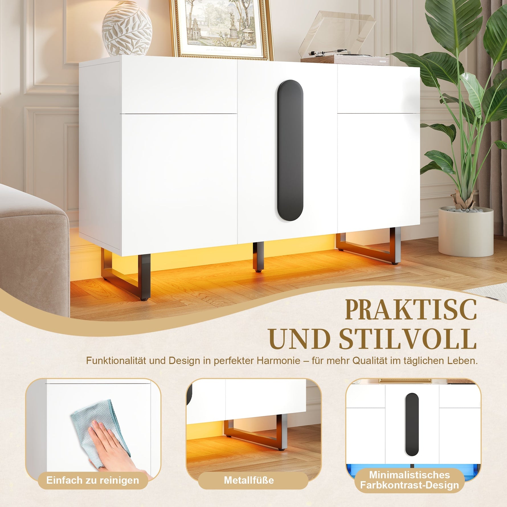 Sideboard 120cm Modern Storage Drawers Doors - White/Black