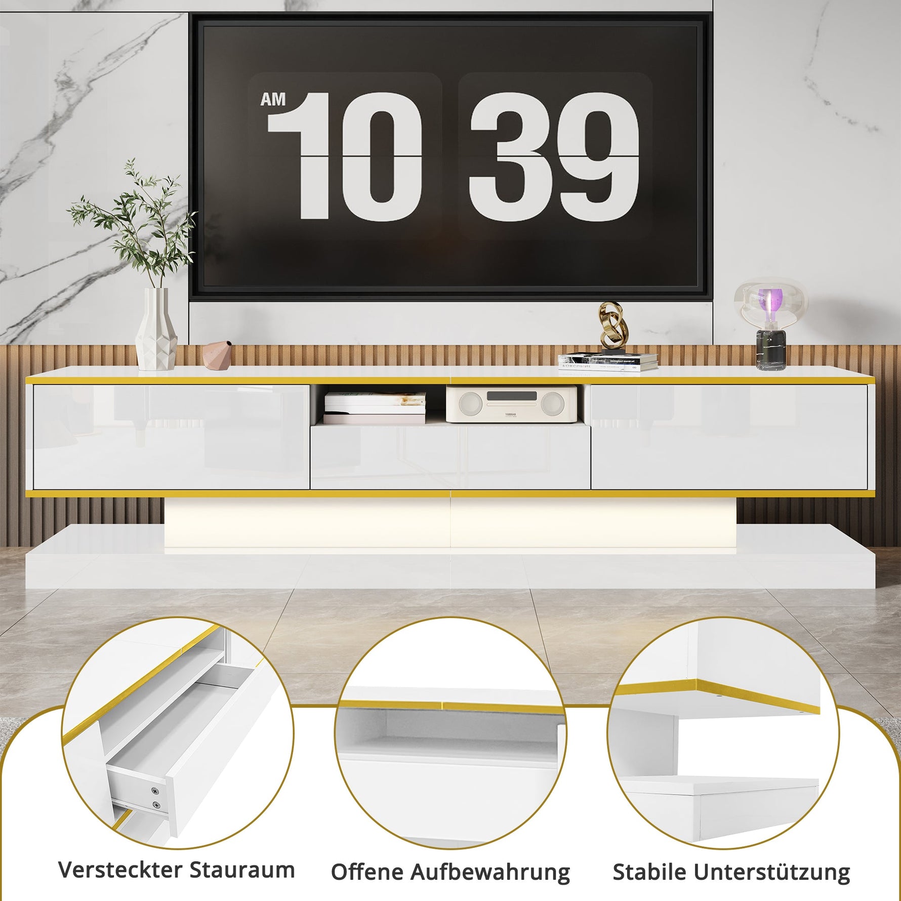 Modern TV Cabinet, 3 Drawers Open Compartment LED Lights 180x38x45cm, High Gloss