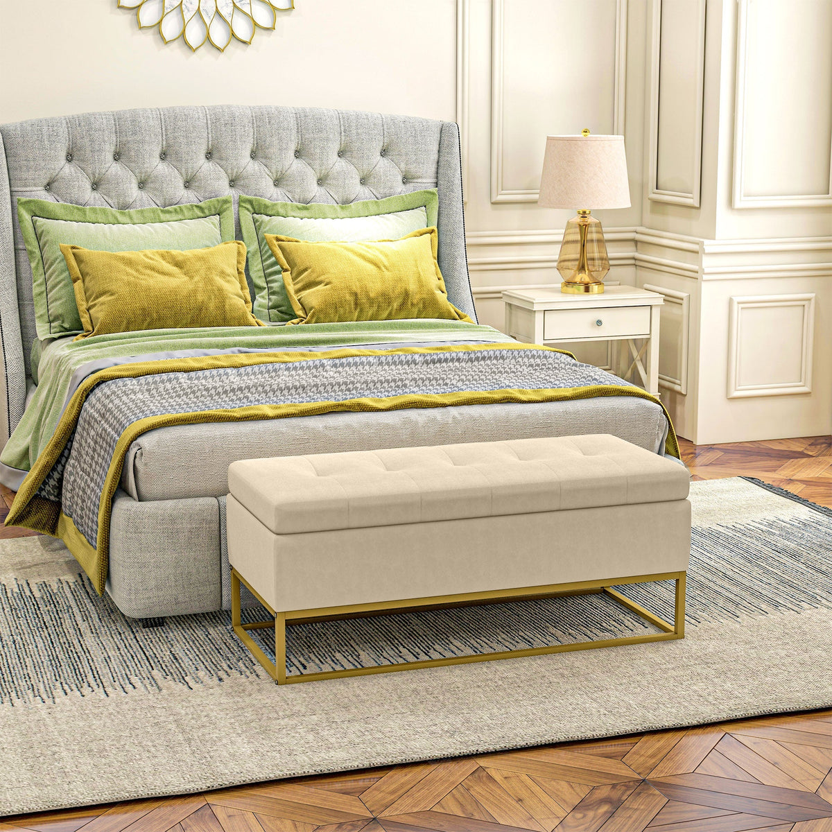 Bench with Storage, Upholstered, Folding Lid, Velvet Beige