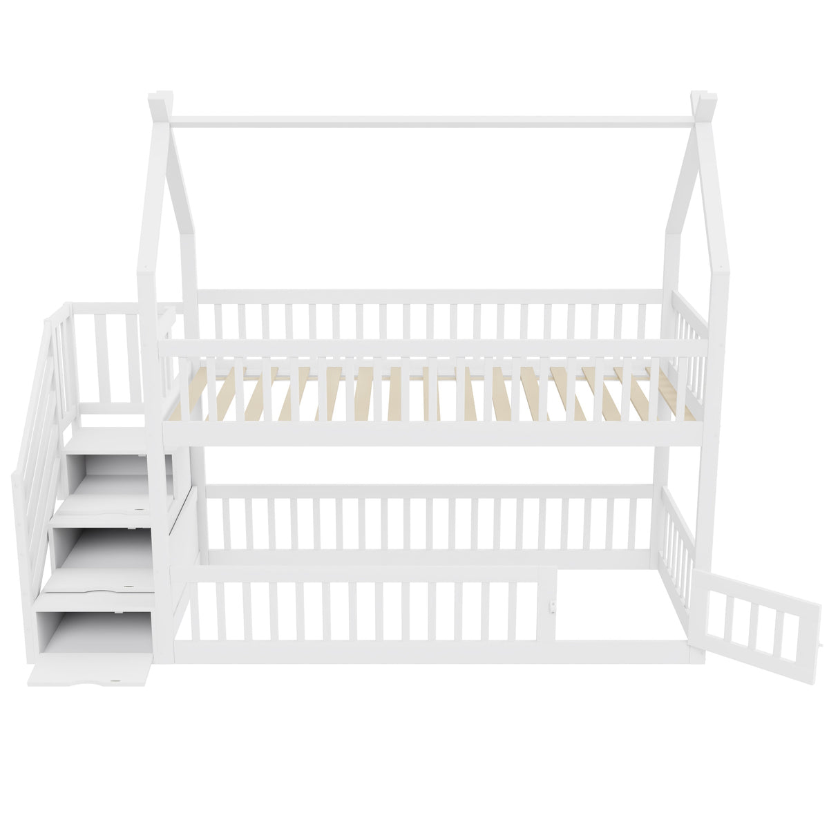 Children's Bunk Bed, 90x200, with Roof, Safety Ladder & Storage Drawers, Solid Wood White